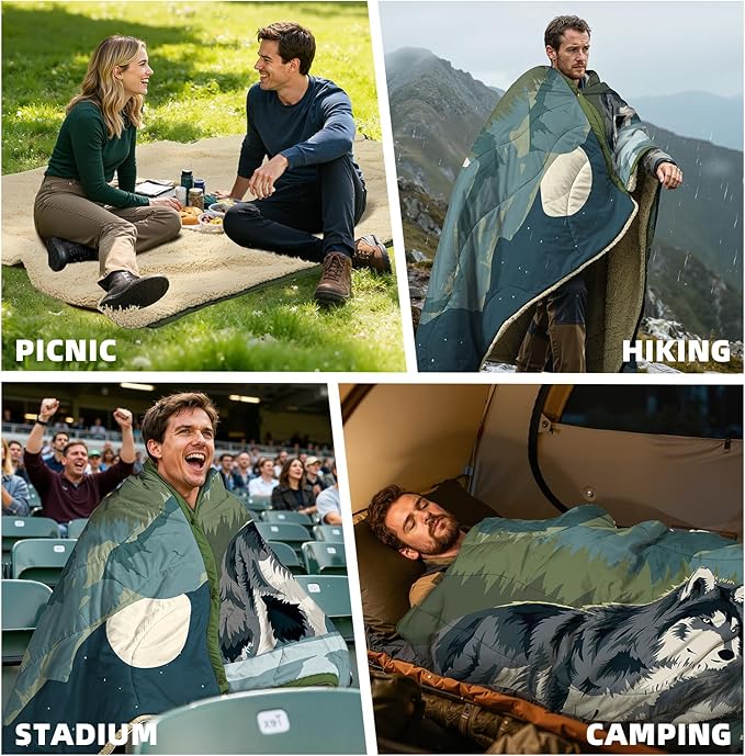 Outdoor Camping Blanket with Sherpa Lining, Extra Warm Thick Camp Blankets and Puffy Ultralight Soft Poncho DWR Camping Quilt for Cold Weather, Adventure, Sleeping, Backpacking 78"x 56"