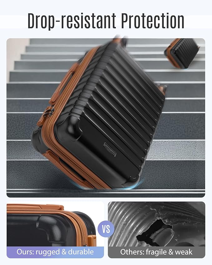 LIGHT FLIGHT Luggage Sets, Carry On Luggage 22x14x9 Airline Approved, Carry On Travel Bag Suitcases with Wheels, Expandable Hardside Lightweight Rolling with TSA Lock 2-Piece Set (DB/20),Black/Brown