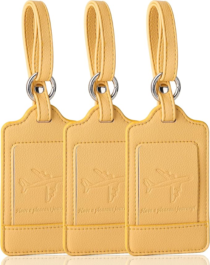3 Pack Luggage Tags - Quick Install, Privacy Protection, Airplane Travel Essentials for Suitcases, Durable Leather - Lichee Yellow