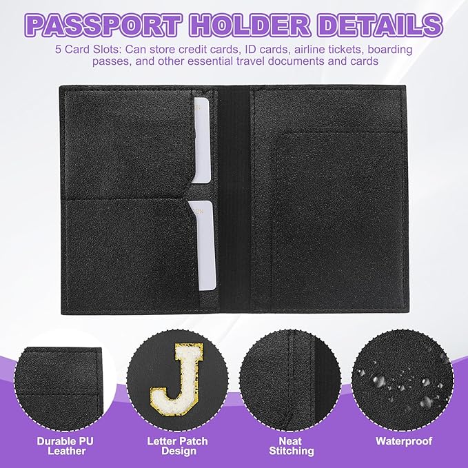 PATIKIL Passport Holder for Travel, Initial Passport Cover and Luggage Tag Set with Alphabet Chenille Letter Patch Travel Wallet Bag Suitcase Identifier for Women Family Travel Black J