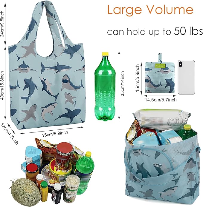 BeeGreen Animal Reusable Shopping Bags Cute Grocery Bag 6 Pack, Christmas Gift Bags Heavy-Duty Foldable Shopping Totes for Supermarket, Work & Travel, Large Washable Polyester Tote Bag with Handles