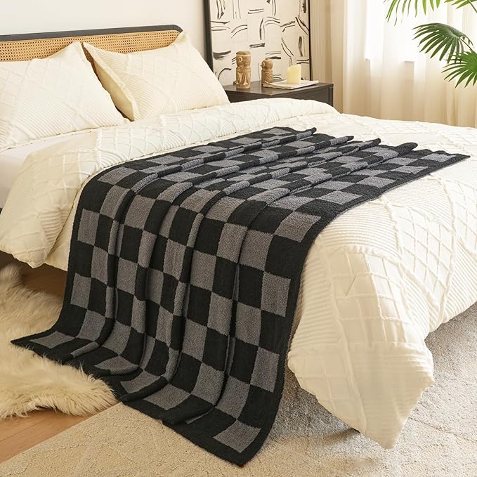 Checkered Blanket, Cozy Soft Throw Blankets for Couch Bed, Fluffy Plaid Lightweight Comfy Travel Picnic Blanket Gifts for Sofa Chair Living Room Camping (Black&Grey, Twin 60"x80")