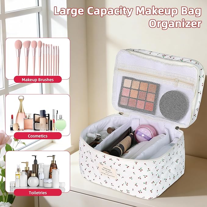 Makeup bag, Large Cosmetic Bag for Women Girls, Cute Quilted Makeup Bags, Floral Coquette Aesthetic Toiletry Bag, Travel Make Up Organizer Bag (Cherry)