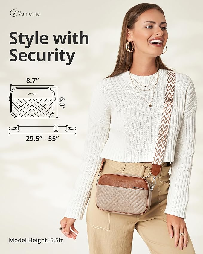 Vantamo Premium Quilted Crossbody Bags for Women with Anti-Pickpocket Clip, Vegan Leather Handbags, Travel Purses for Women