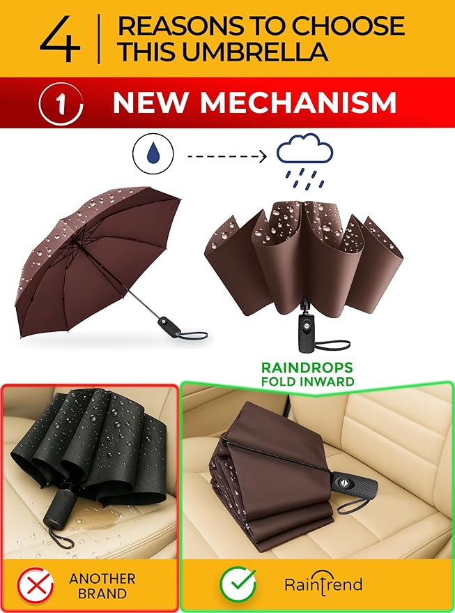 Raintrend Windproof Travel Umbrellas for Rain Automatic +10% Bigger Canopy Strong Frame Compact Folding Portable Umbrella for Women Men Backpack Purse