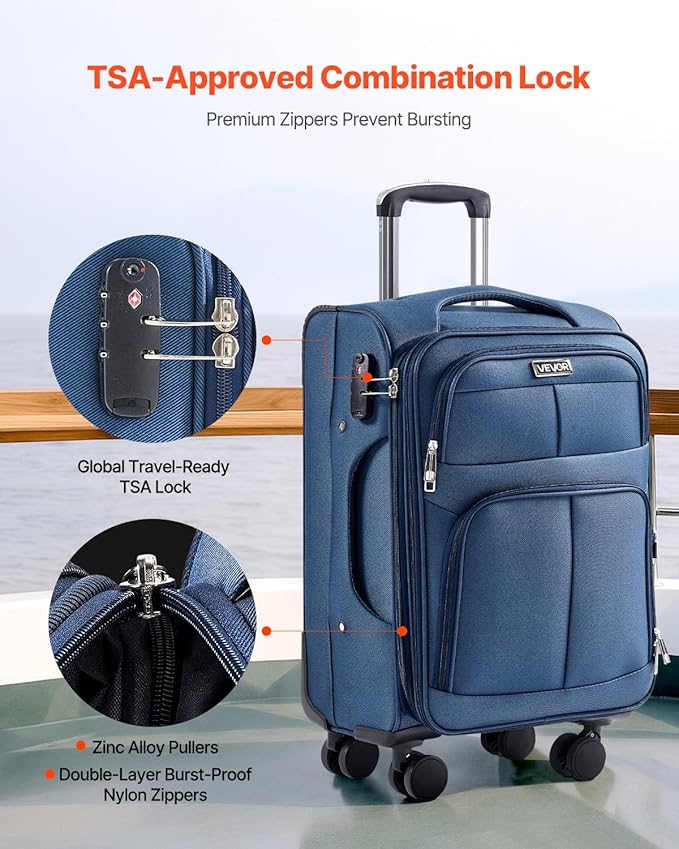 VEVOR Softside Expandable Luggage with Spinner Wheels, 20-Inch Softside Carry on Luggage, Lightweight Checked Suitcase with Expandable Zippered Pocket and TSA Lock, Blue