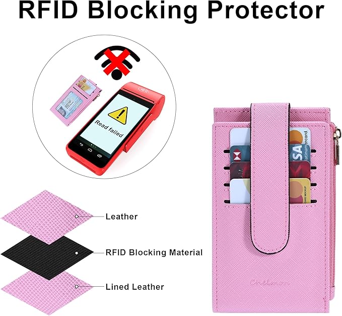 Chelmon Womens Wallet Slim RFID Blocking Bifold Multi Card Case Wallet with Zipper Pocket (Pink)