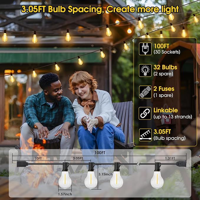 100FT Outdoor String Lights, Patio Light with 32 A39 Bulbs, Black | Plug in, Dimmer not included, Waterproof, Shatterproof, Extendable, LED Hanging Lamp for Indoor Outside Decor, Warm White