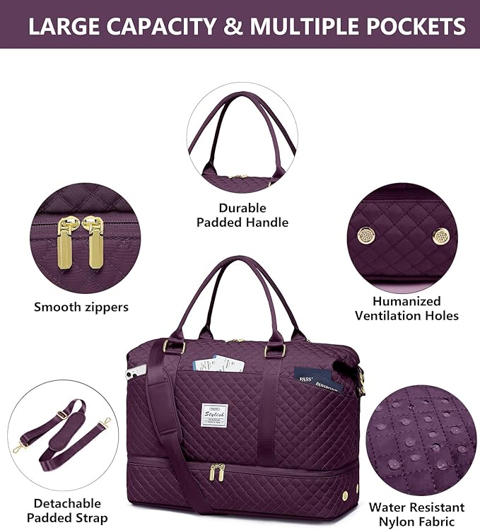 Women Weekender Travel Duffle Bag: Travel Duffel Overnight Bags with Shoe Compartment Carry on Tote Bag Toiletry Bag Weekend Yoga Gym Hospital Bags for Labor and Delivery with Wet Pocket Dark Purple