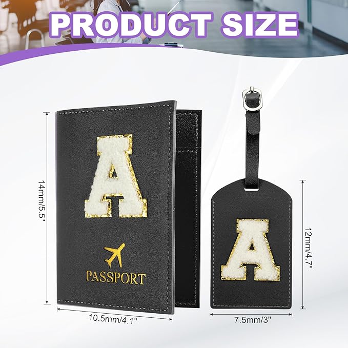 PATIKIL Passport Holder for Travel, Initial Passport Cover and Luggage Tag Set with Alphabet Chenille Letter Patch Travel Wallet Bag Suitcase Identifier for Women Family Travel Black A