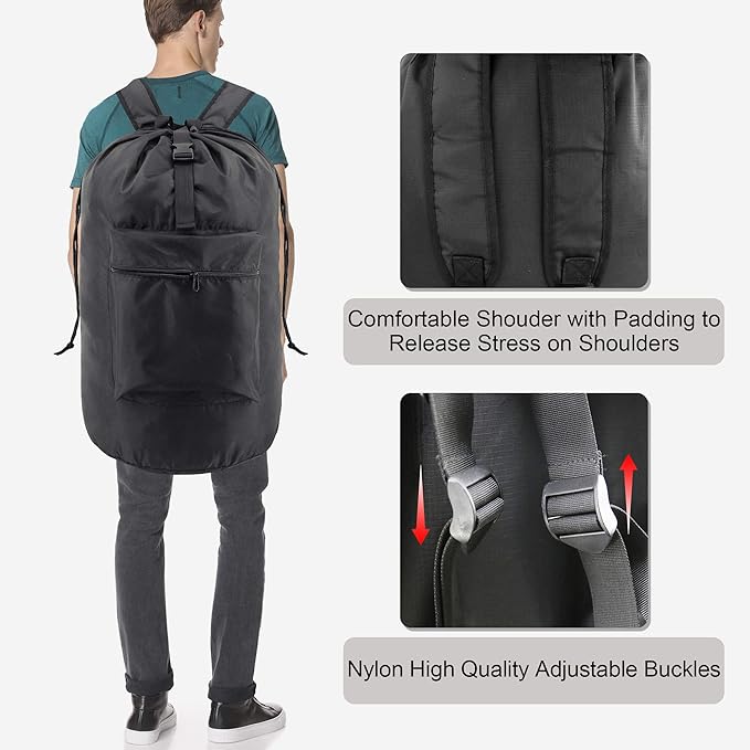 BeeGreen Laundry Bag Backpack w Adjustable Shoulder Straps College Dorm Essentials w Drawstring Closure for Travel Camp Heavy Duty Laundry Hamper Backpack Portable w Handle Xlarge Black