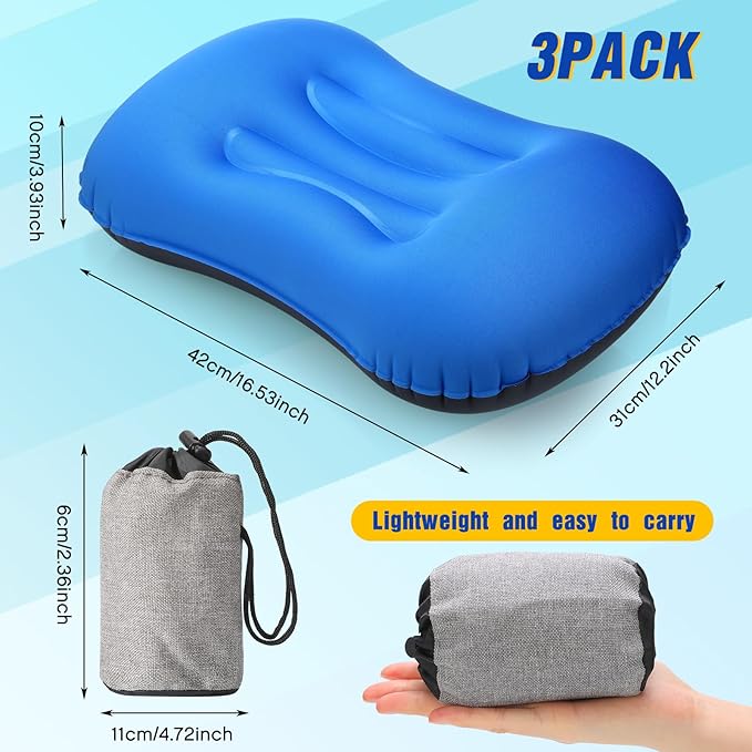 Tatuo 3 Pcs Inflatable Camping Travel Pillow Ultralight Inflating Pillows Lightweight Camping Pillow Portable Backpacking Pillow for Neck Lumbar Support Hiking Sleeping Camping (Dark Blue)