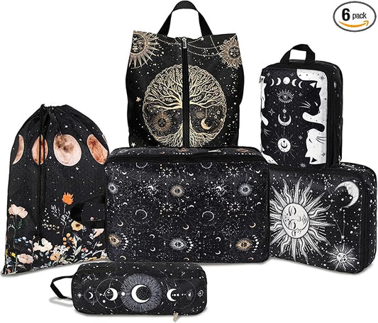 6 Pcs Compression Packing Cubes Waterproof Suitcase Travel Bag Luggage Backpack Organizer Travel Cubes for Packing-Gothic Style