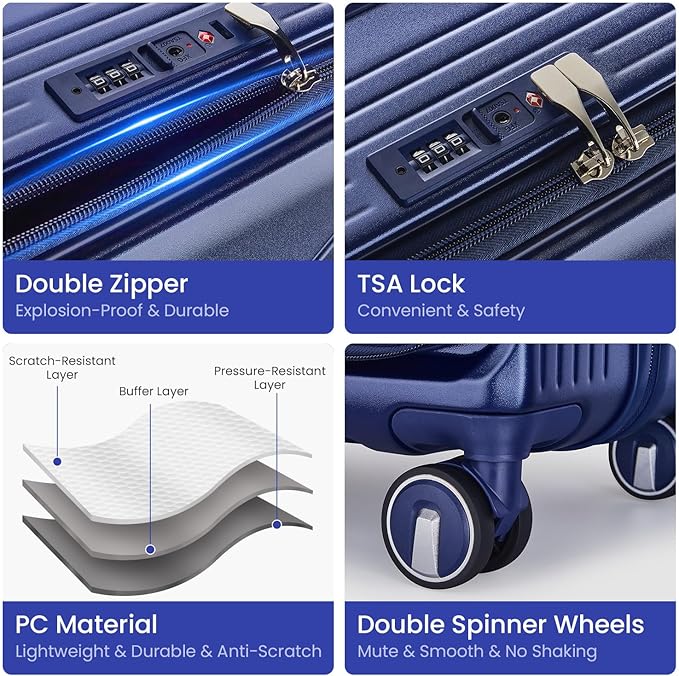 3 Piece Luggage Set 100% PC Hardshell, Front Opening Expandable Suitcase (20/24/28) with Laptop Compartment & Free Custom PVC Covers, Lightweight Spinner Wheels TSA Lock (Navy Blue)