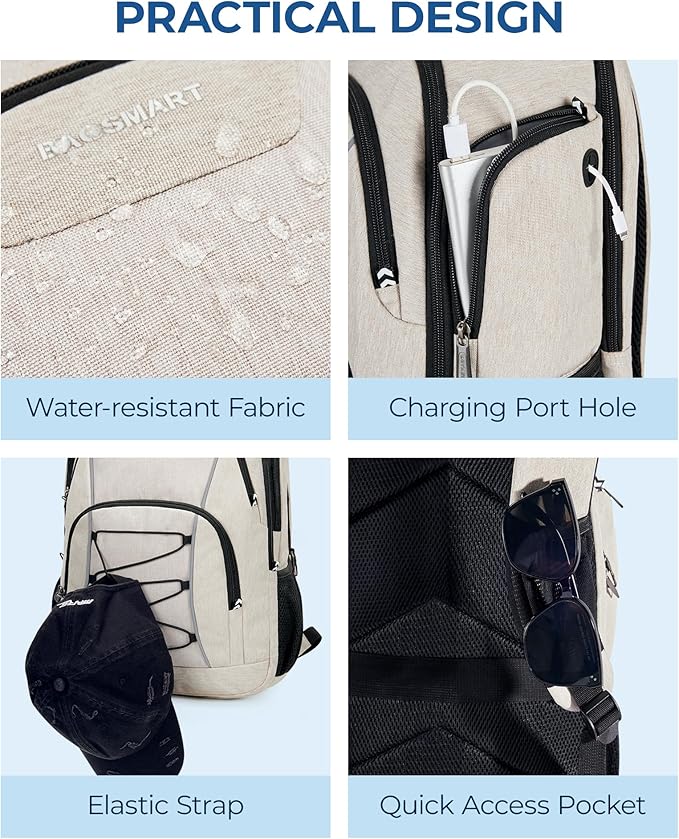 BAGSMART Unisex Laptop Backpack, 15.6-inch Anti-Theft, Water Resistant, with USB Charger Hole, Beige
