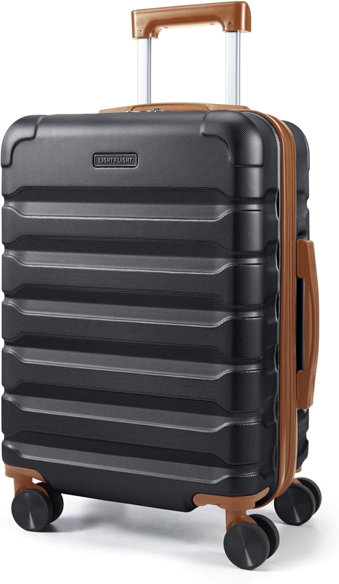 LIGHT FLIGHT Carry On Luggage 22x14x9 Airline Approved, Expandable Carry On Suitcases with Wheels, Lightweight Luggage, Durable Hard Shell 20 Inch Rolling Suit Case for Men Women Travel Black/Brown