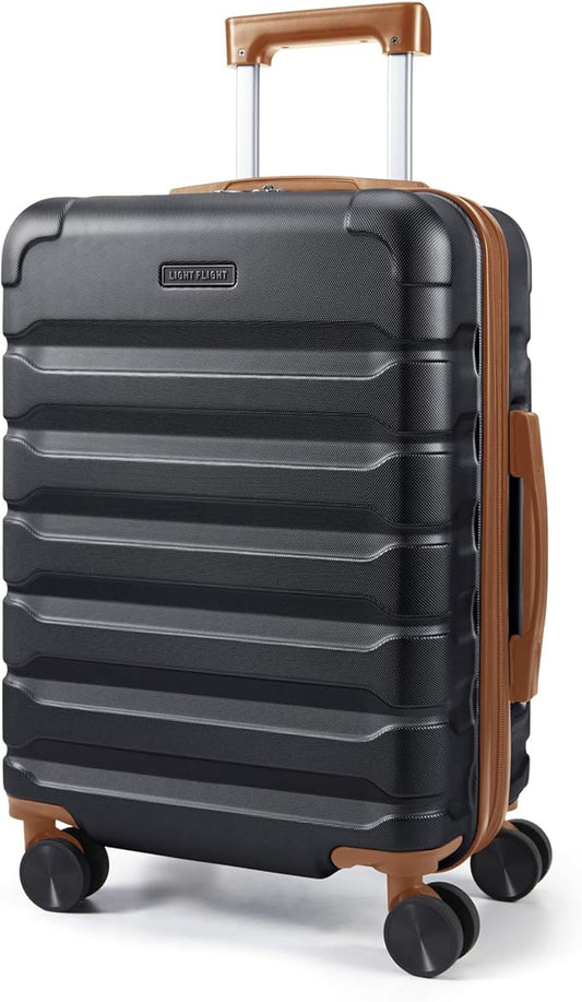 LIGHT FLIGHT Carry On Luggage 22x14x9 Airline Approved, Expandable Carry On Suitcases with Wheels, Lightweight Luggage, Durable Hard Shell 20 Inch Rolling Suit Case for Men Women Travel Black/Brown