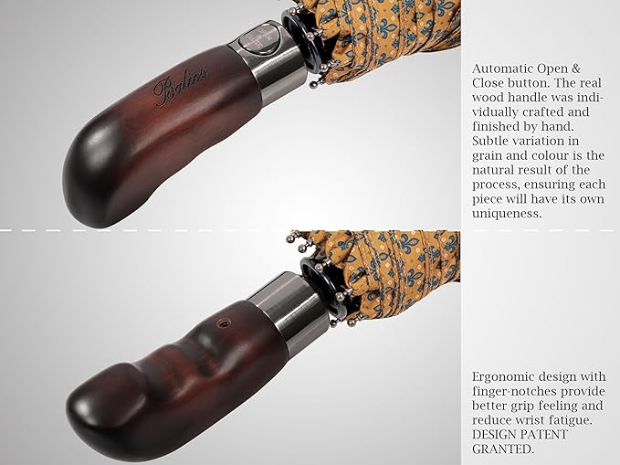 Balios Travel Folding Umbrella with Real Wood Handle Auto Open Close Vented Windproof Canopy - Designed in UK
