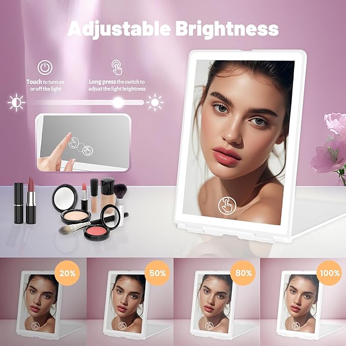 Travel Makeup Mirror with Lights Valentines Day Gifts for Her, Girlfriend, Wife, Birthday Gifts, Rechargeable Portable Compact Mirror, Lighted Makeup Mirror with 72 LEDs 3 Color Light Modes