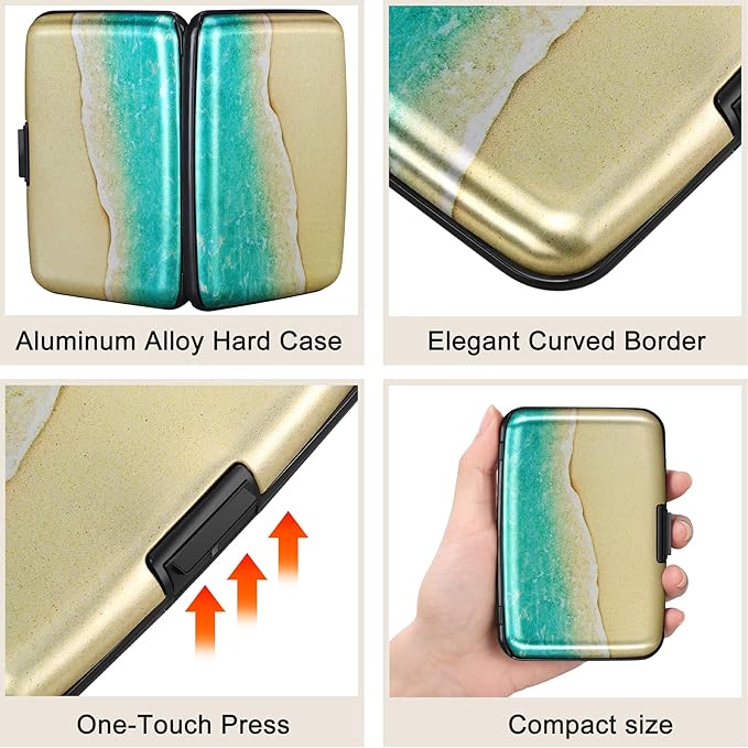 ELFISH Mini RFID Aluminum Wallet Credit Cards Holder Business Card Case Metal ID Case for Men Women（Beach