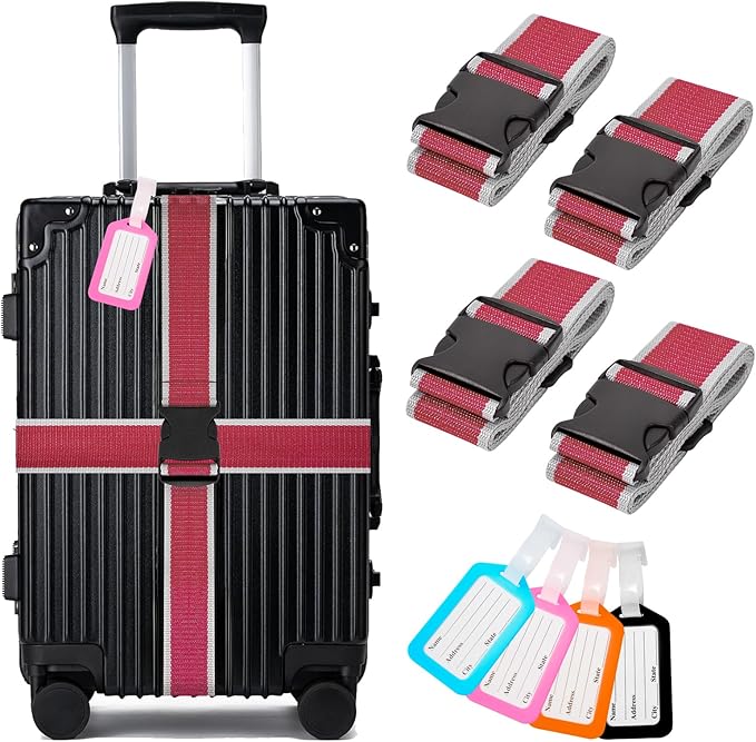 BILIONE 8 Pack Luggage Straps and Tags Set for Suitcase, 4 Vibrant Color Straps and 4 Tags, Premium Suitcase Belts Accessory for Travel (Reddish-Gray)