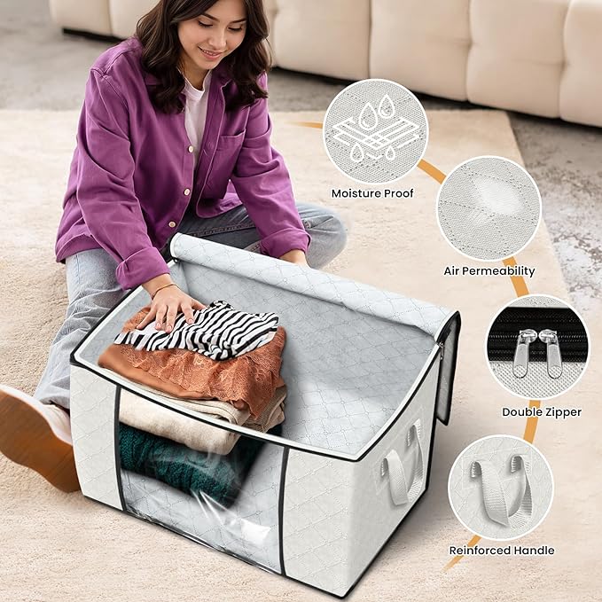 Fab totes 24 Gallons Clothes Storage, Foldable Thick Fabric Blanket Storage Bags, Containers for Organizing Bedroom, Closet, Clothing, Comforter, Organization with Handle (3 Pack,Ivory)