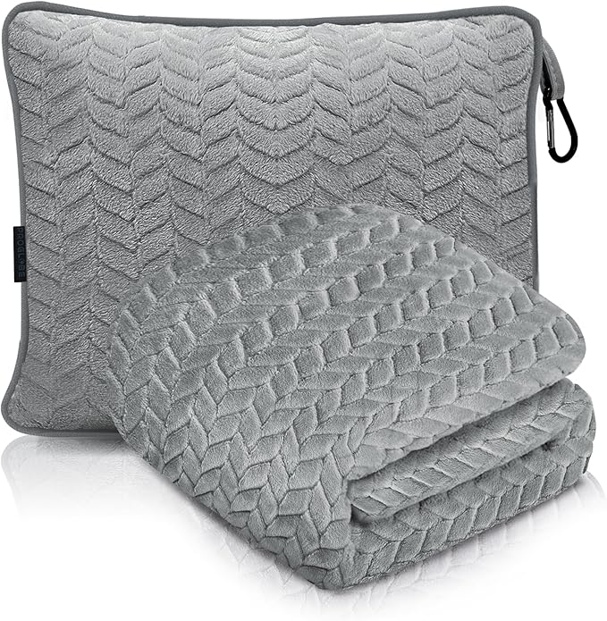 Proglobe Travel Blanket and Pillow - Ultra Soft Lightweight Fleece Blanket for Airplane, Car, Camping, Bus, Travel - Portable Cozy Blanket for Men, Women, Kids - Grey 42" x 68"