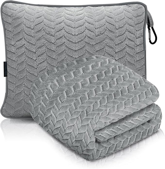 Proglobe Travel Blanket and Pillow - Ultra Soft Lightweight Fleece Blanket for Airplane, Car, Camping, Bus, Travel - Portable Cozy Blanket for Men, Women, Kids - Grey 42" x 68"