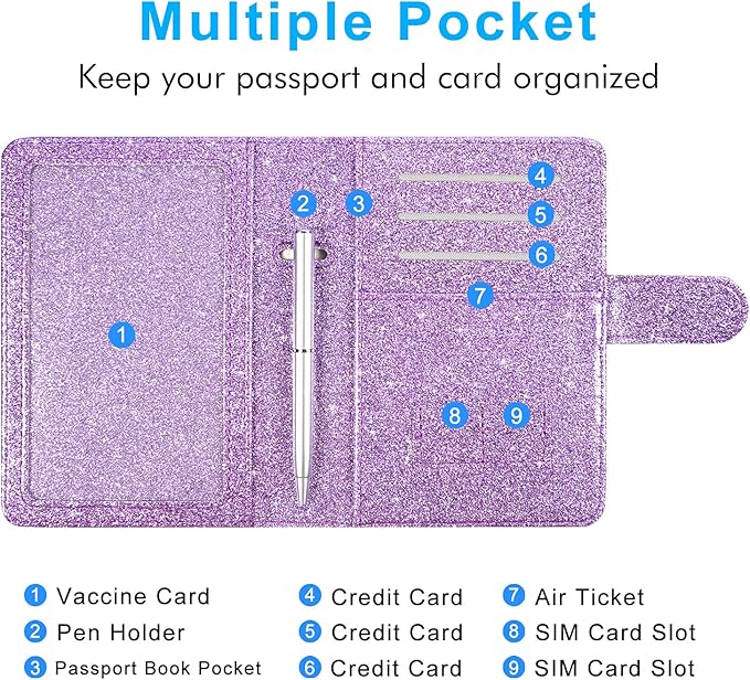 ACdream Unisex Faux Leather Passport and Vaccine Card Holder, Glitter Purple, RFID Blocking, Protects Valuable Information