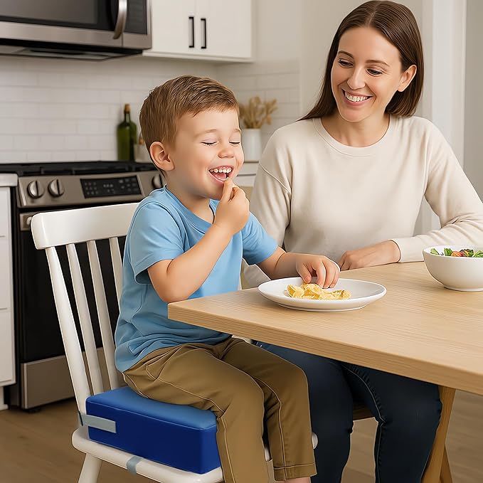 Toddler Booster Seat Dining Table Kitchen Chair, Waterproof Anti-Scratch PU Cushion, Non-Slip Bottom, Adjustable Buckle Straps, Easy Clean Portable Seat Cushion (Dark Blue)