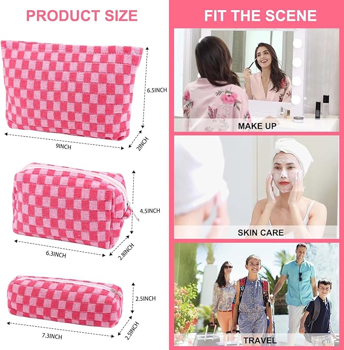 EIMMBD Makeup Bag 3 Pieces Large Capacity Checkered Cosmetic Bags Canvas Travel Toiletry Bag Organizer Cute Makeup Pouch Storage for Women(Rose)
