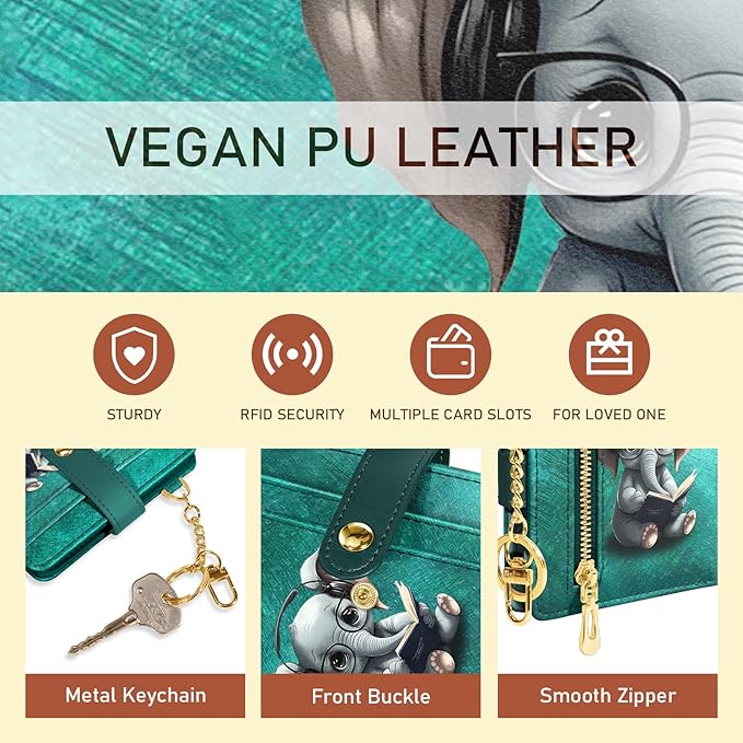 Jogjam Elephant Rfid Women Wallet, Small Slim Thin Credit Card Wallet, PU Leather Bifold Cash Zipper Coin Pocket ID Window for Female Ladies Teen Girls Girly