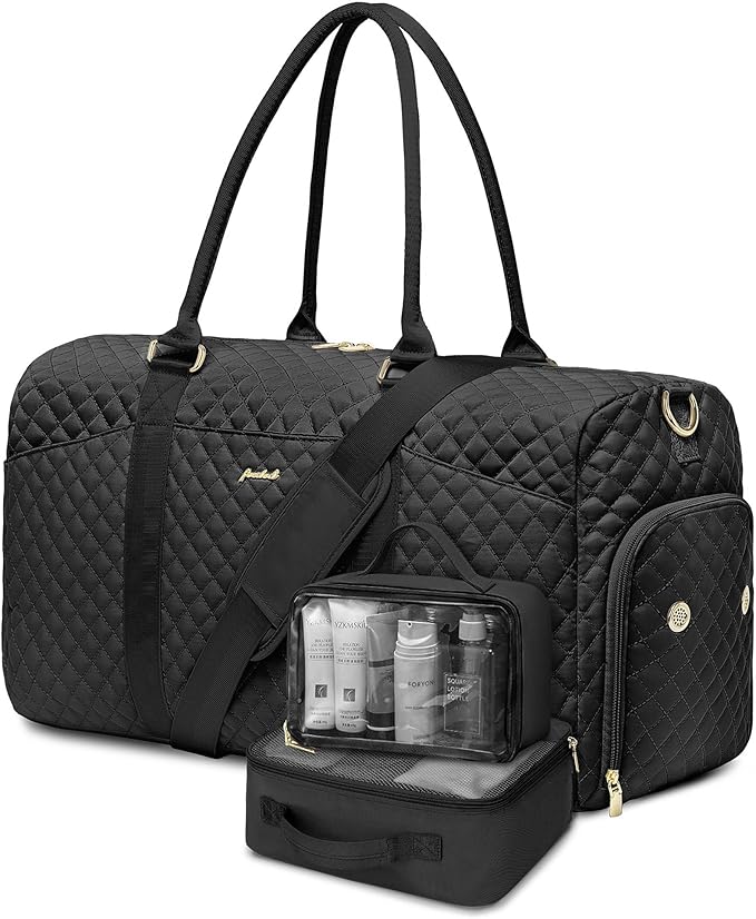 Women Weekender Travel Duffle Bag: Travel Duffel Overnight Bags with Shoe Compartment Large Carry on Tote with 2 Toiletry Bags Weekend Traveling Yoga Gym Hospital Bag for Womens with Wet Pocket Black