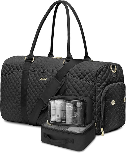 Women Weekender Travel Duffle Bag: Travel Duffel Overnight Bags with Shoe Compartment Large Carry on Tote with 2 Toiletry Bags Weekend Traveling Yoga Gym Hospital Bag for Womens with Wet Pocket Black