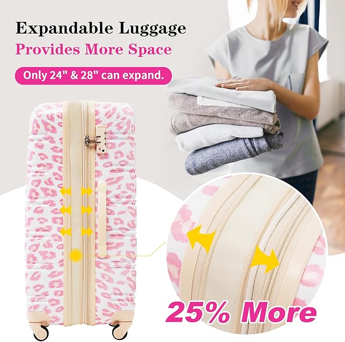 Merax Suitcase Set, Hardshell Luggage Sets 3 Piece with Spinner Wheels, Expandable Durable Suitcase with TSA Lock Lightweight 20" 24" 28", Pink Leopard