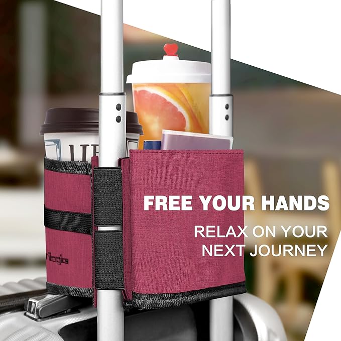 Luggage Cup Holder Attachment. Hands-Free Beverage Carrier for Coffee Mugs and Bottles, Fits Suitcase and Roll-On Handles. Must-Have Travel Accessory, Ideal Gift for Travelers and Flight Attendants.
