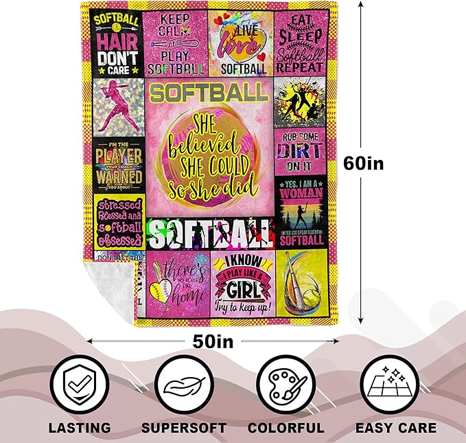 Softball Blanket 60X50in, Best Softball Gifts/Accesories for Girls/Woman/Team, Girls Softball Lover/Player Presents for Sister/Daughter/Granddaughter/Niece