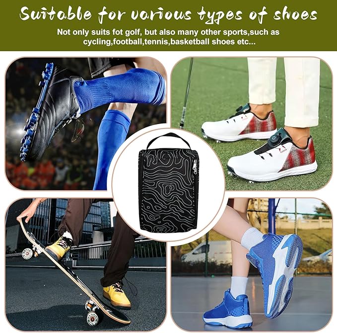 Golf Shoe Bag, Outdoor Zipper Sports Shoe Strap Bag with Air Mesh Ventilation, Durable Waterproof Golf Shoe Carry Bags with Sturdy Handle for Gym, Soccer, Running & Suitcase Packing (Line Texture)