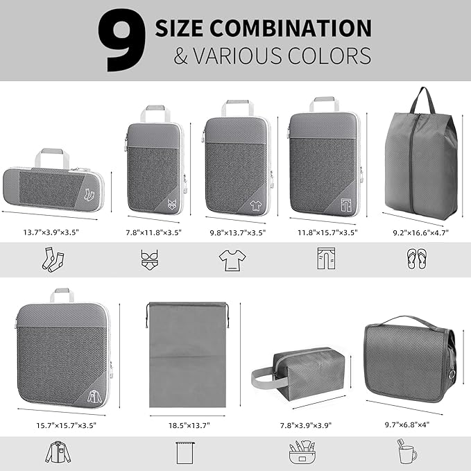 9-Set Packing Cubes with Hanging Bag | 9-Size Combination, Mesh Fabric & Reflective Stripe | Travel Luggage Organizers (Grey)