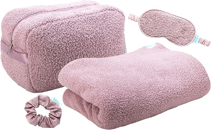 Bliss Womens Travel Blanket Set - 4 Piece Plush Microfiber Packable Travel Blanket with Relaxing Sleep Mask, Carry On Case, and Satin Hair Tie, Pink Gaze