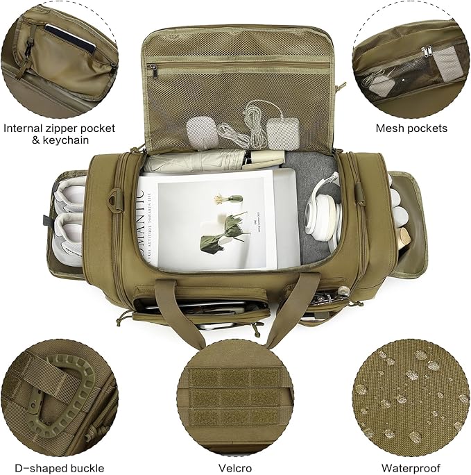 3 in 1 Tactical Gym Bag Backpack for Men 40-45L Expandable Travel Duffle Bag for Women Military Sport Duffel Bags Weekend Overnight with Shoe Compartment & Wet Pocket for Fitness, Brown