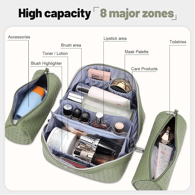 BOYATU Travel Makeup Bag Cosmetic Bags for Women: Large Capacity 3 Pcs Set Make up Bag with Compartments - Waterproof Vegan Leather Toiletry Organizer Bags with Handle (L51Grass Green)