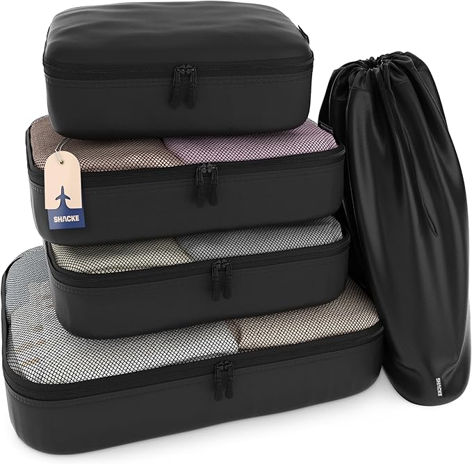 Shacke Packing Cubes for Travel 5 Set - Compression Luggage Organizer Bags - Versatile Travel Organizer for Women and Men - Optimized Packing Bags - Travel Essentials (Air Black)