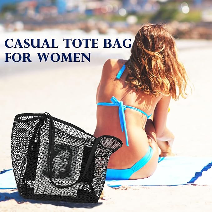 Fammart Mesh Beach Bag, Large Beach Tote with Zipper Pocket, Toys Pool Bag for Family Travel Vacation Cruise Essentials
