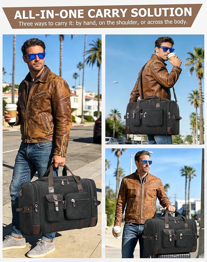 Canvas Duffle Bag for Travel, 55L Weekender Overnight Bag for Men & Women, Vintage Carry on Bags for Airplanes