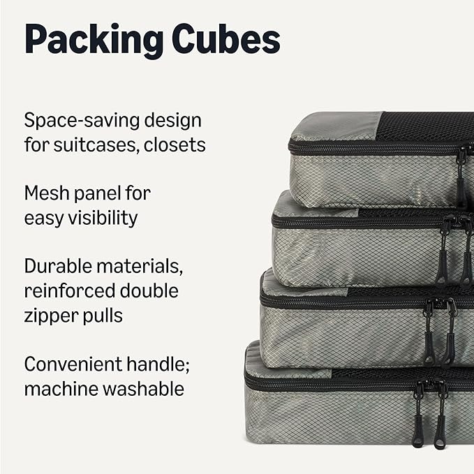 Amazon Essentials 4-Piece Slim Packing Cubes, Travel Accessories Set, Luggage Organizer, Suitcase Organizer with Double Zipper, Mesh Top, Space-Saving, Gray (Previously Amazon Basics)
