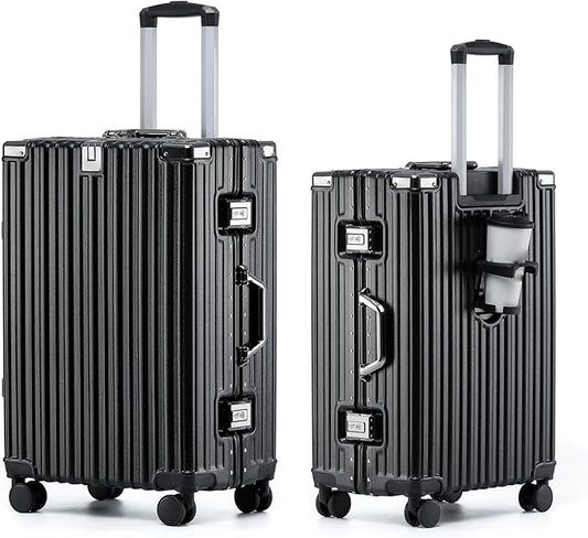 HotWay 20 Inch Aluminum Frame Carry On Luggage with Spinner Wheels, PC Hard Shell Suitcase with Cup Holder, Zipperless Luggage for Business Travel, Black