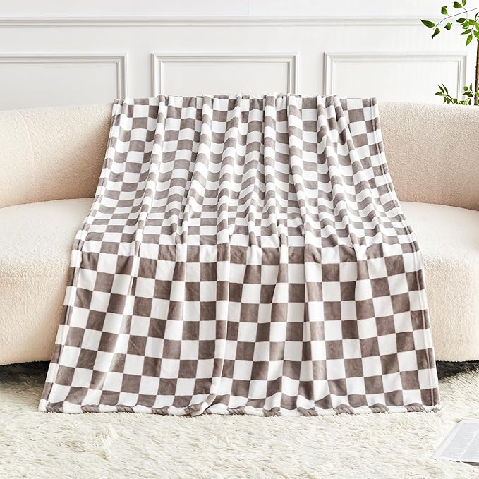 Light Grey Checkered Blanket, Ultra Soft Fluffy Fleece - Checkered Grid Print Throws for Couch Sofa Bed, Cozy Luxury Throw Blanket for All Seasons, 50x60 Inch, Cashmere Smoke