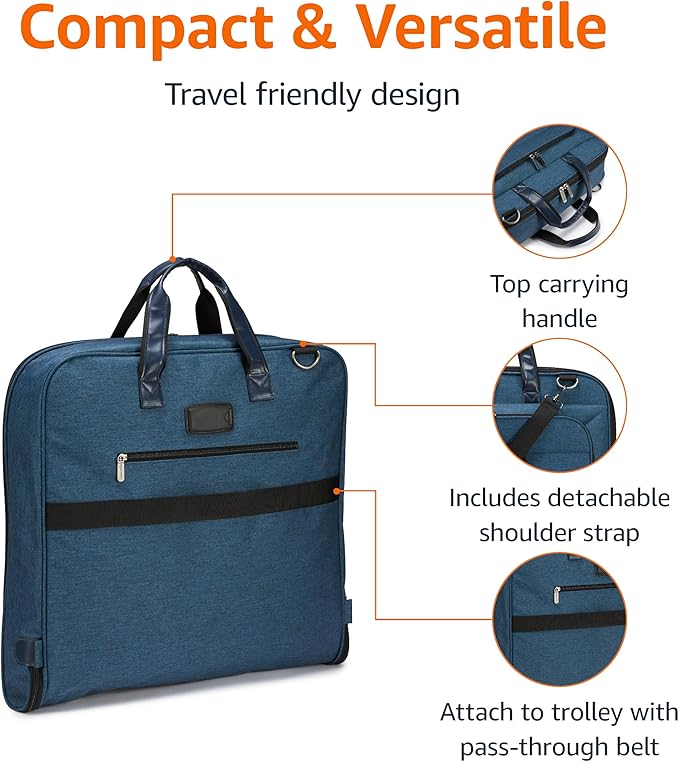 Amazon Basics Carry-On Garment Bag for Travel and Business Trips with Detachable Shoulder Strap, Hanging Suit Luggage, Wrinkle Free Cover for Suits Dresses Coats, Foldable with Shoe Compartment, Navy