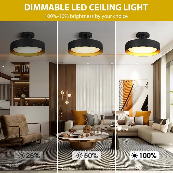 Semi Flush Mount LED Ceiling Light 4000K, 12 Inch 25W Dimmable | Neutral White, 2000LM, 200W Equiv. Gold Inside, Round Hanging Lights for Bedroom, Foyer, Hallway, Entryway, Living Room